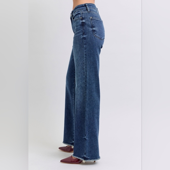 Judy Blue Mid-Rise Straight Leg Boyfriend Relaxed Jeans Raw Hem Denim Pants - Picture 13 of 16